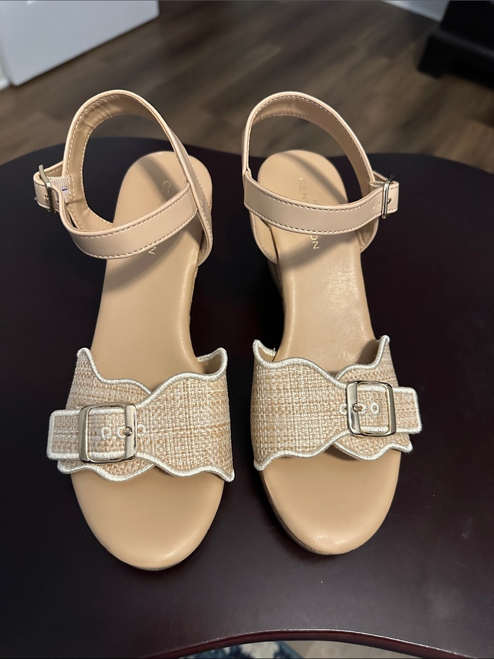 BCBGeneration Nude Beige Scalloped Buckle Ankle-Strap Sandals